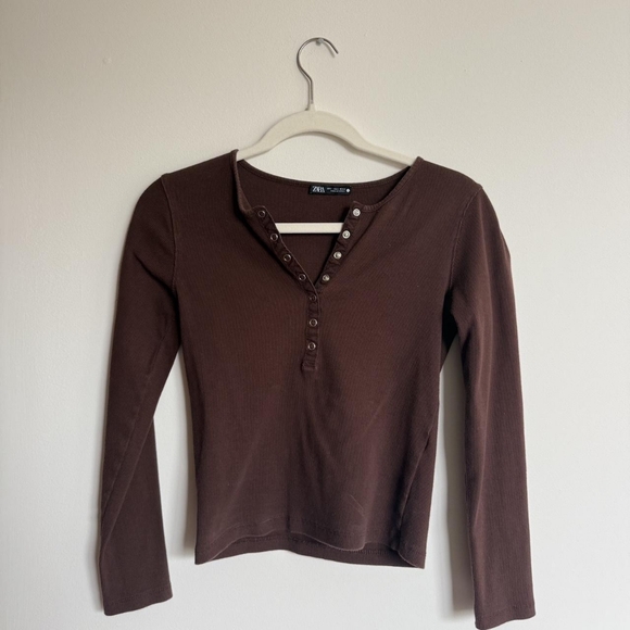 Zara Tops - Zara Chocolate Buttoned Long Sleeve Blouse